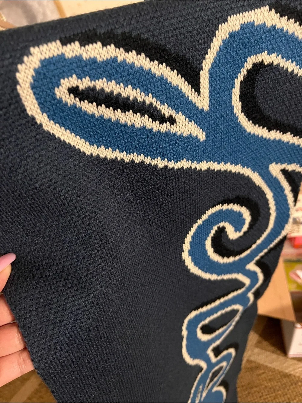 Coach Men’s Navy Blue Knit Scarf with Light Blue Script
